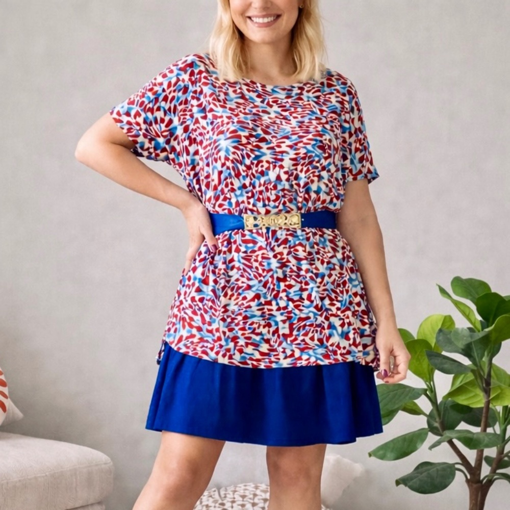 Modern Casual L‎ Flowing Tunic Top Geometric Red Blue Pattern